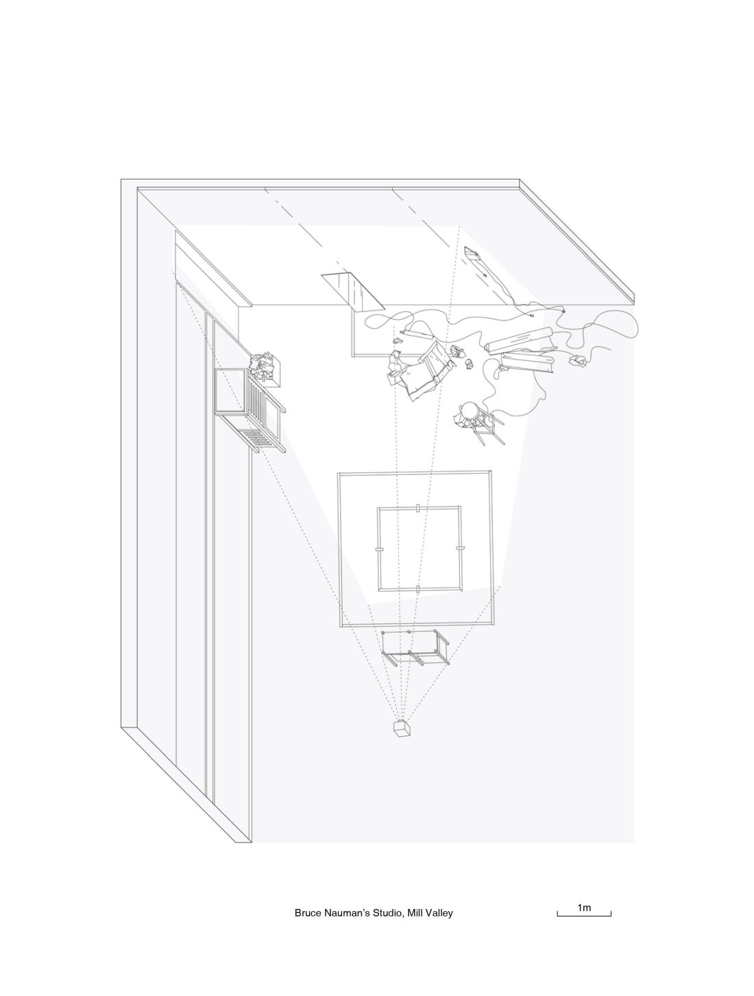 Axonometric projection of Bruce Nauman's studio, based on a study of his film "Walking Awkwardly Around the Perimeter of a Room"
